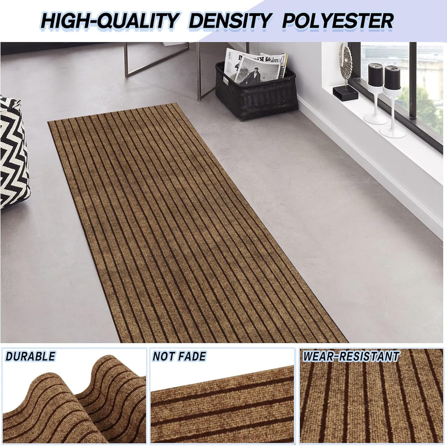 Custom Size Backed Non-Slip Area Rugs Runner, Easy Clean, Waterproof Runner Rugs for Hallway Entryway, Kitchen, Laundry, 3FT x 60FT, Brown Stripe