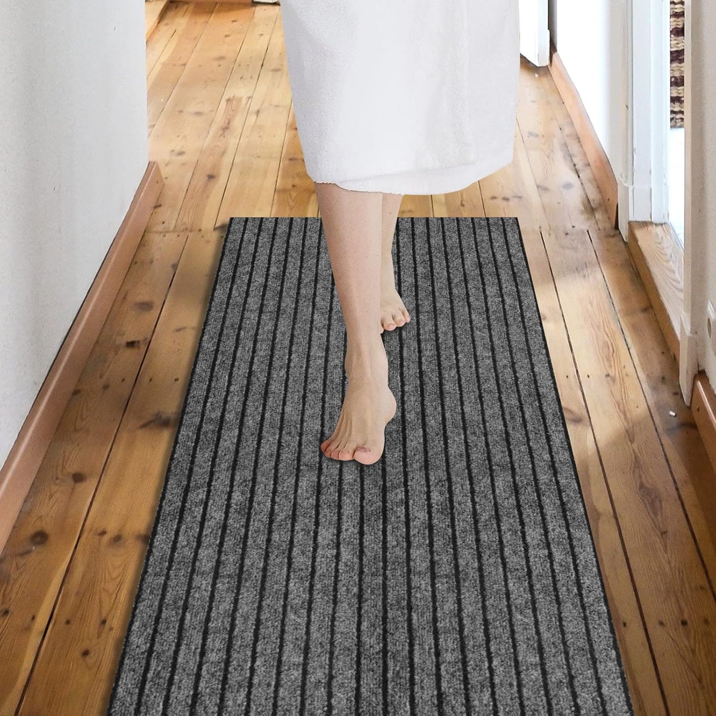 Custom Size Backed Non-Slip Area Rugs Runner, Easy Clean, Waterproof Runner Rugs for Hallway Entryway, Kitchen, Laundry, 3FT x 53FT, Gray Stripe