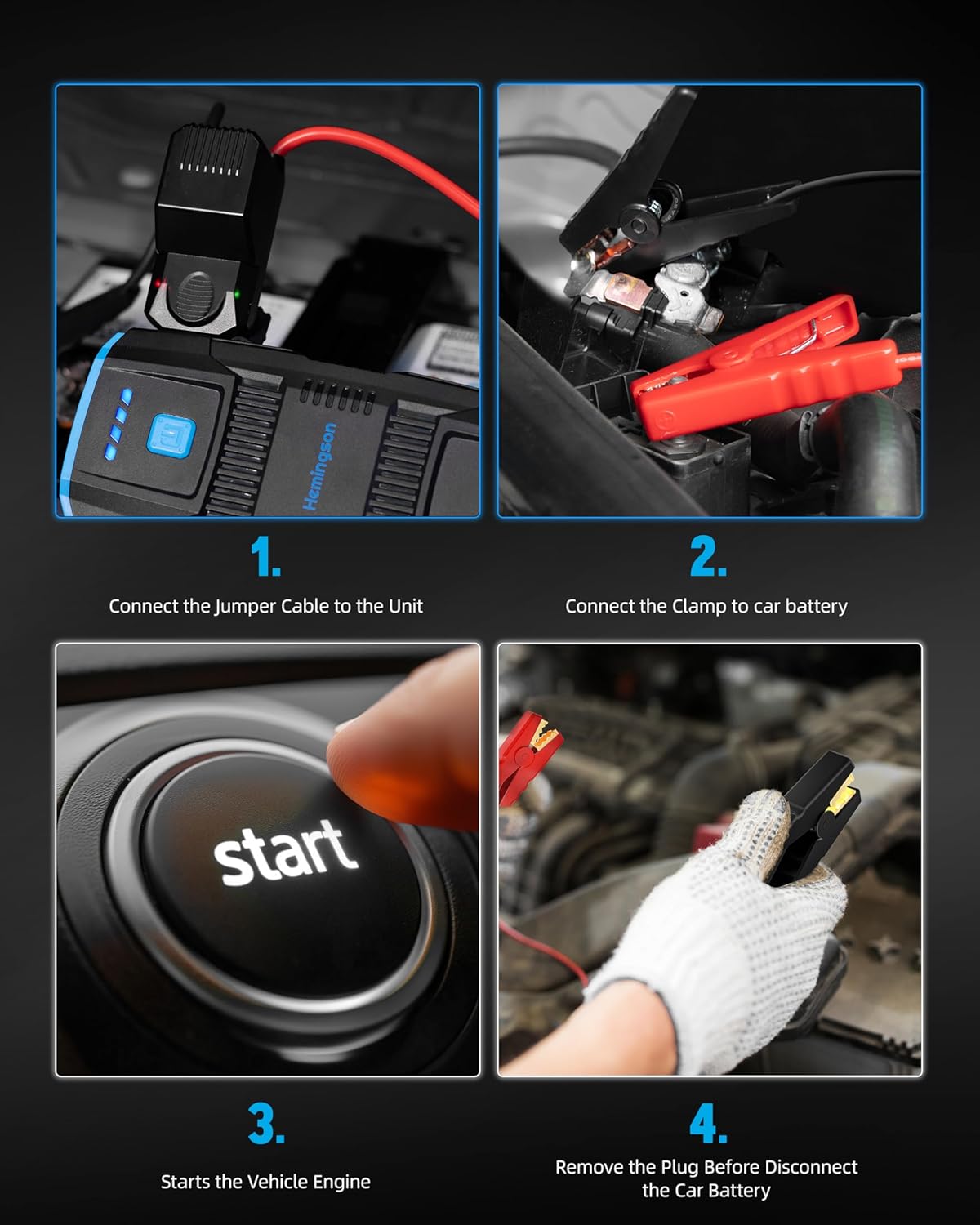 Car Jump Starter, HEMINGSON 2000A Peak Battery Jump Starter Portable 12V Jump Box for Vehicles 7.0L Gas and 5.5L Diesel Engines with 4 Modes LED Lights and Jumper Cable