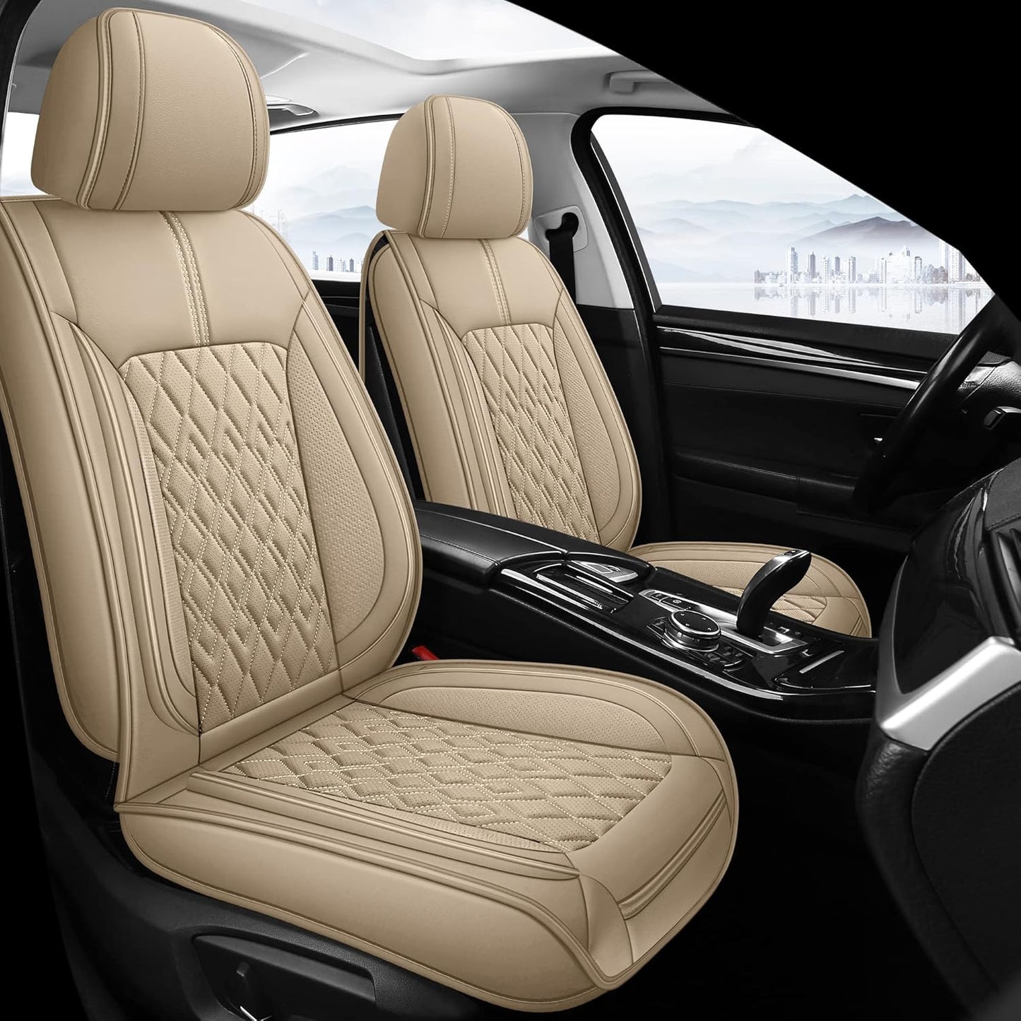 Pariitadin Leather Car Seat Covers Full Set, Waterproof Breathable Faux Leather Automotive Seat Covers for Cars, Non-Slip Car Interior Covers Universal Fit Most Cars Sedans Trucks SUVs, Beige