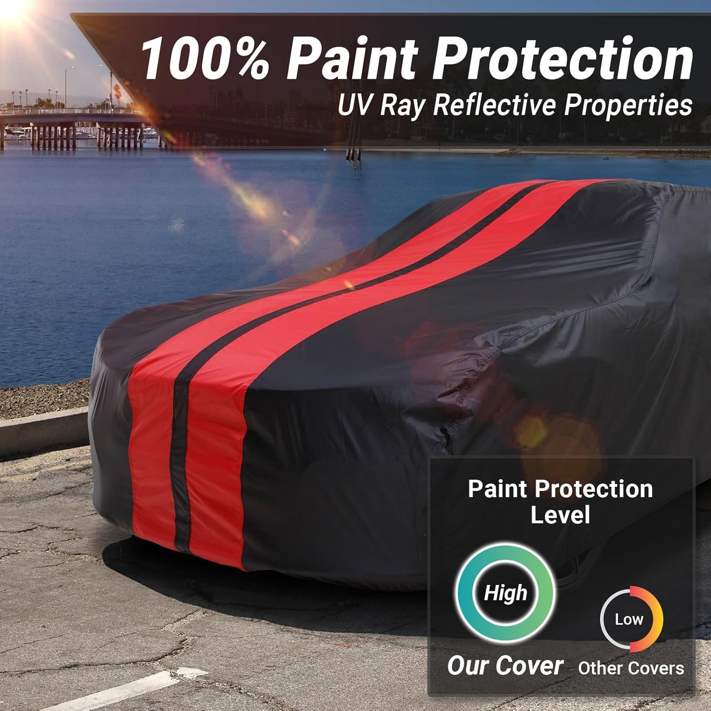 iCarCover Custom Car Cover for Pontiac Sedan Delivery (1949-1958) Waterproof All-Weather Rain Snow UV Sun Protector Full Exterior Indoor Outdoor Car Cover (Stripe - Black/Red)
