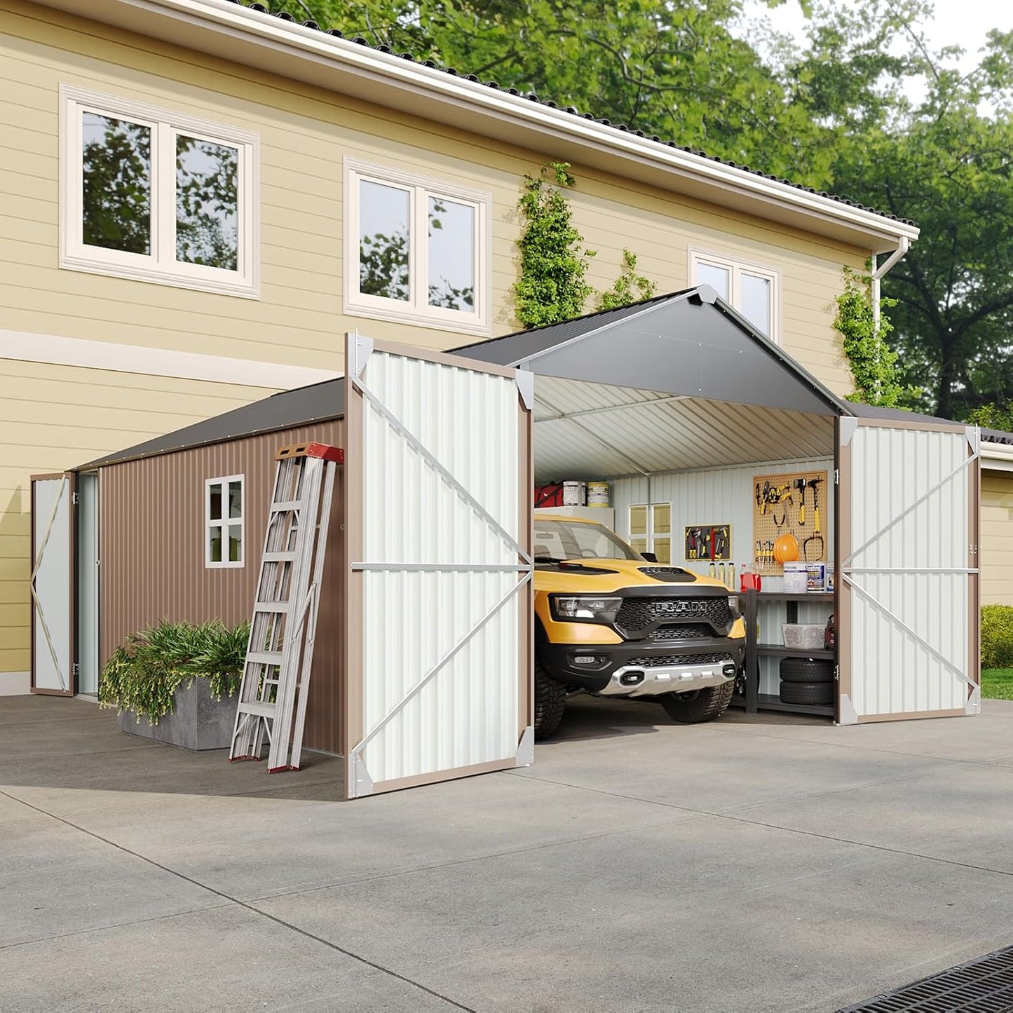 Aoxun 12x20x9.3 FT Shed Outdoor Metal Garage Shed 1700 CUFT Extra Large Storage Shed for Vehicles & Sundries 11" Snow Load Double-Door All-Weather Garden Shed (Brown)