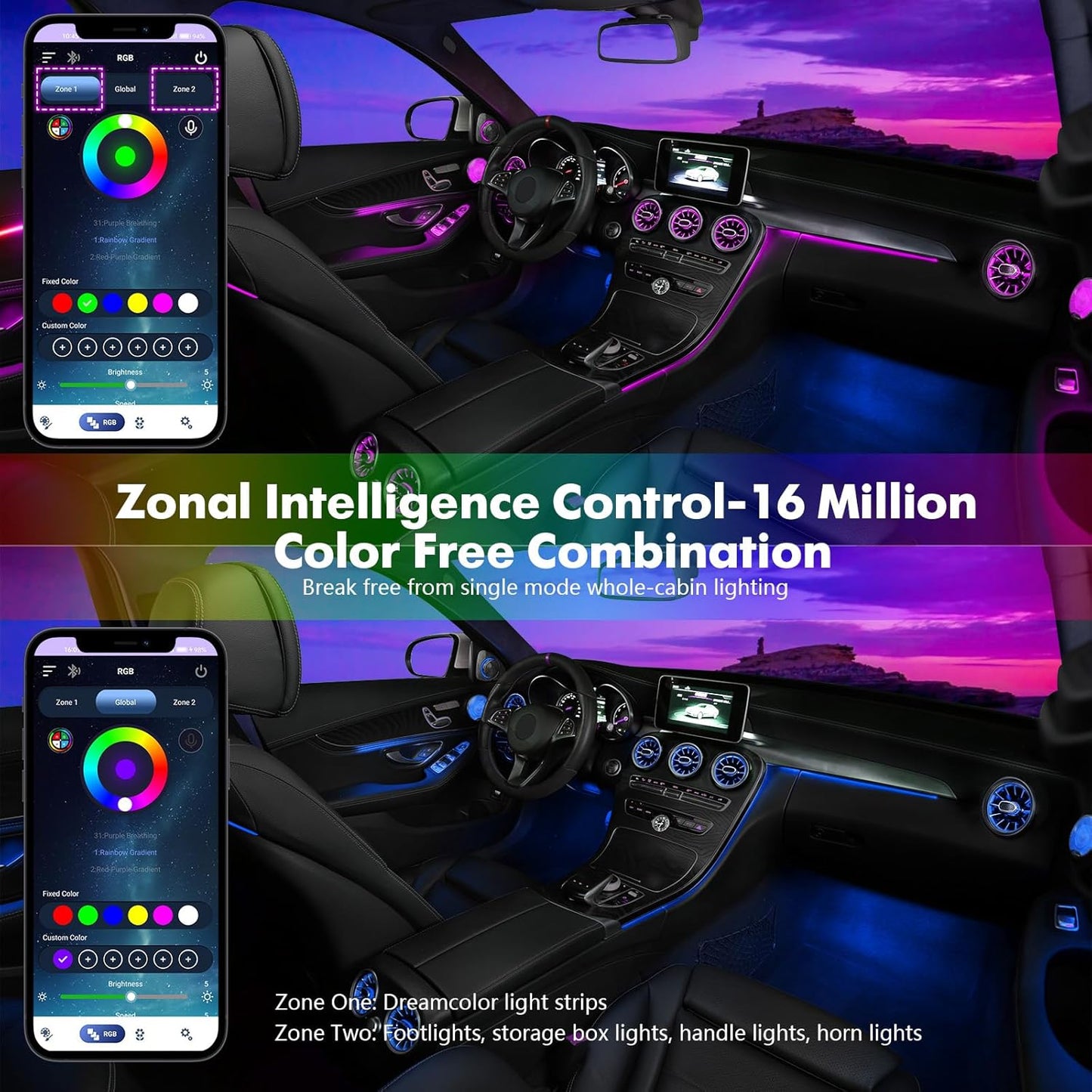 New Version Dreamcolor Acrylic Interior Car Lights 6 in 1 RGB LED Strip Lights with APP Control Zoned Control System 252 Color Modes DIY Fiber Optic Ambient Lighting Kits Music Car Neon Lights