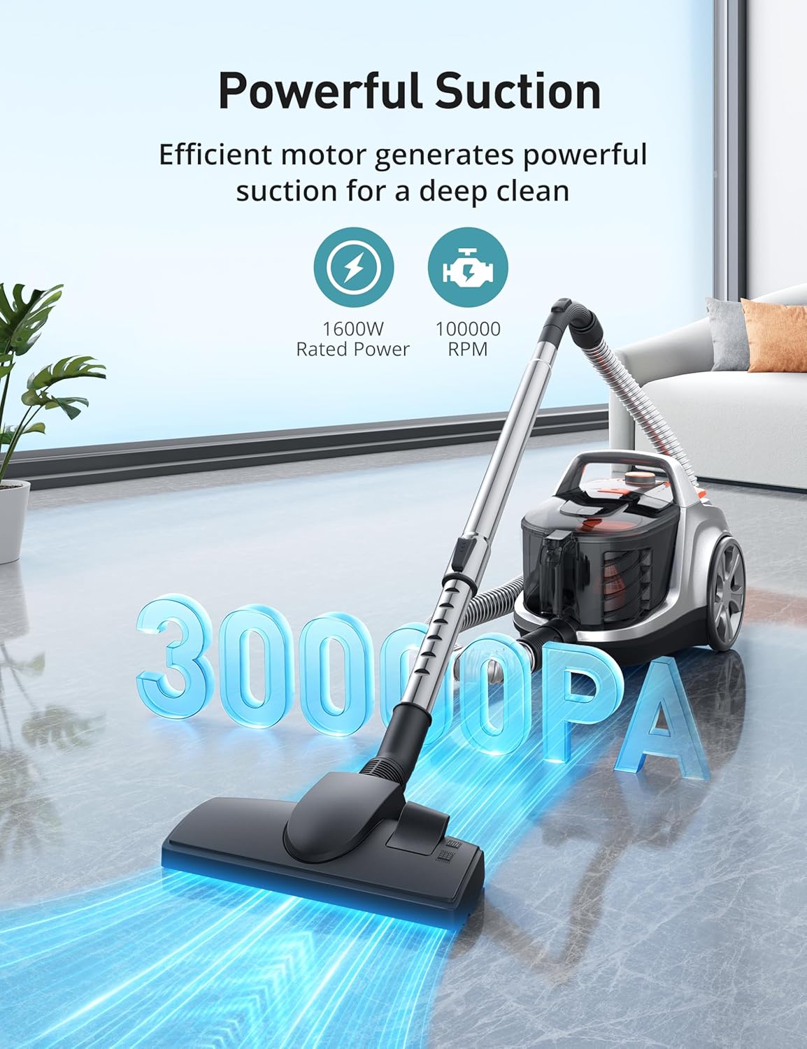 Aspiron Canister Vacuum, Upgraded 1600W Bagless Canister Vacuum Cleaner, Auto Cord Rewind, H13 HEPA Filter, 3.7Qt Large Capacity, 5 Tools for Hard Floors, Carpet, Pet, Upholstery, Tiles, Car, Orange
