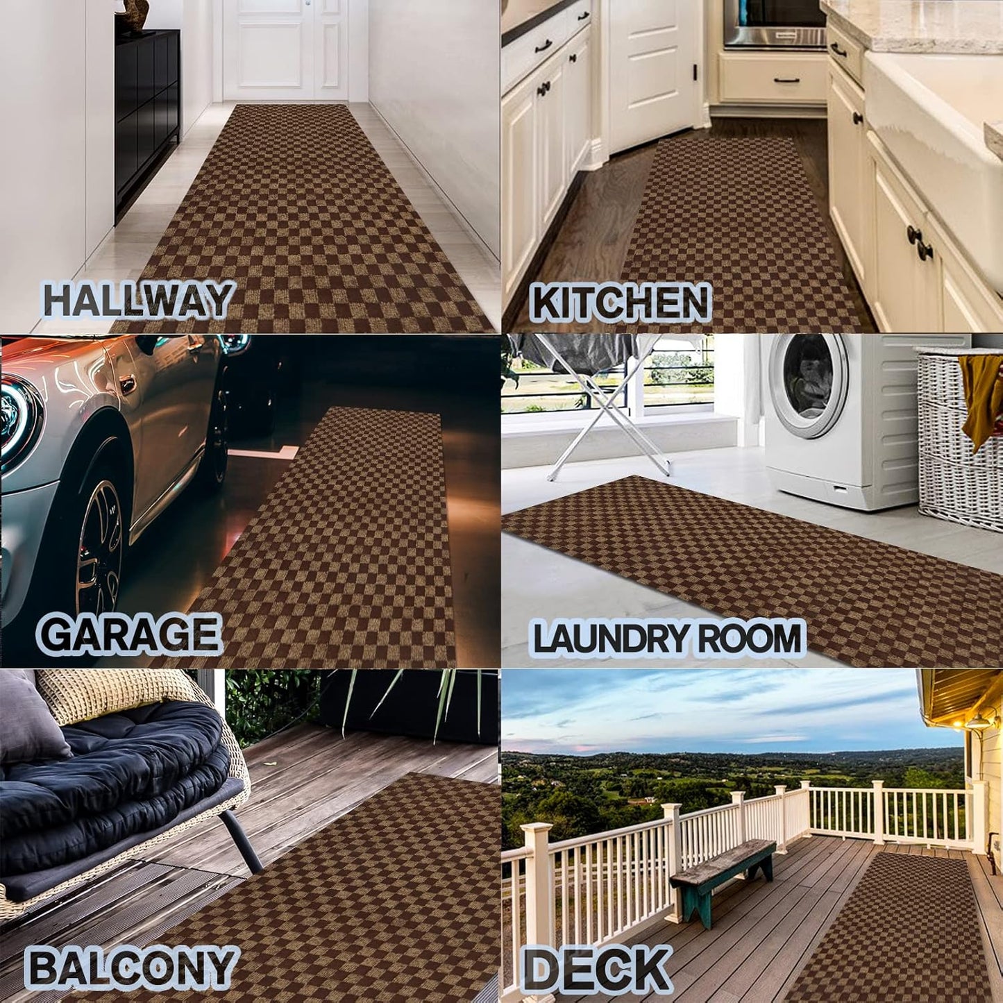 Custom Size Backed Non-Slip Area Rugs Runner, Easy Clean, Waterproof Runner Rugs for Hallway Entryway, Kitchen, Laundry, 2FT x 18FT, Brown Checkered