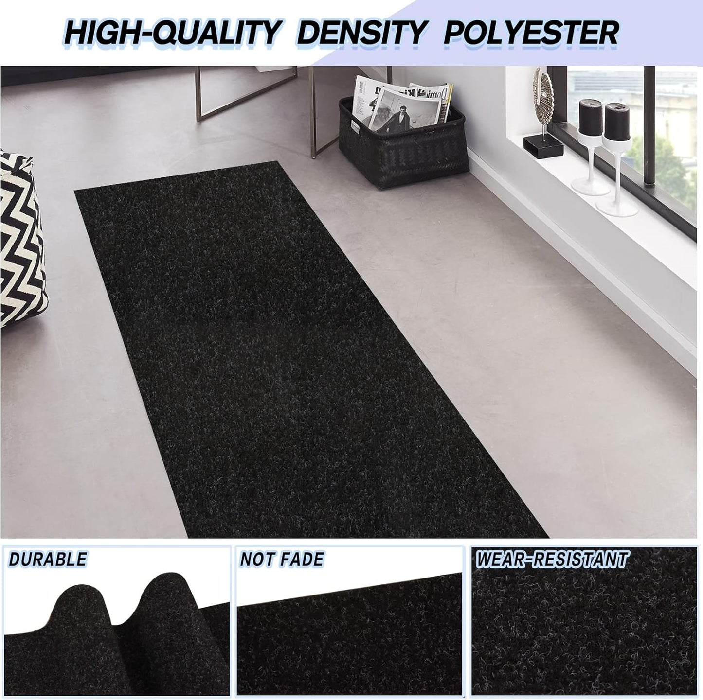 Custom Size Backed Non-Slip Area Rugs Runner, Easy Clean, Waterproof Runner Rugs for Hallway Entryway, Kitchen, Laundry, 4FT x 57FT, Black
