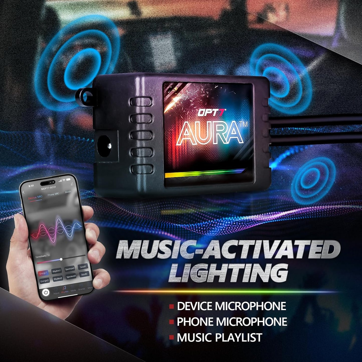 OPT7 Aura Pro Interior Car Lights with App & Remote Control, RGB Color Change, Music Sync Inside Ambient Lighting Kit, Car SUV Van Under Dash Decor, 12V Charger Adapter, 4PC Single Row LED Strip