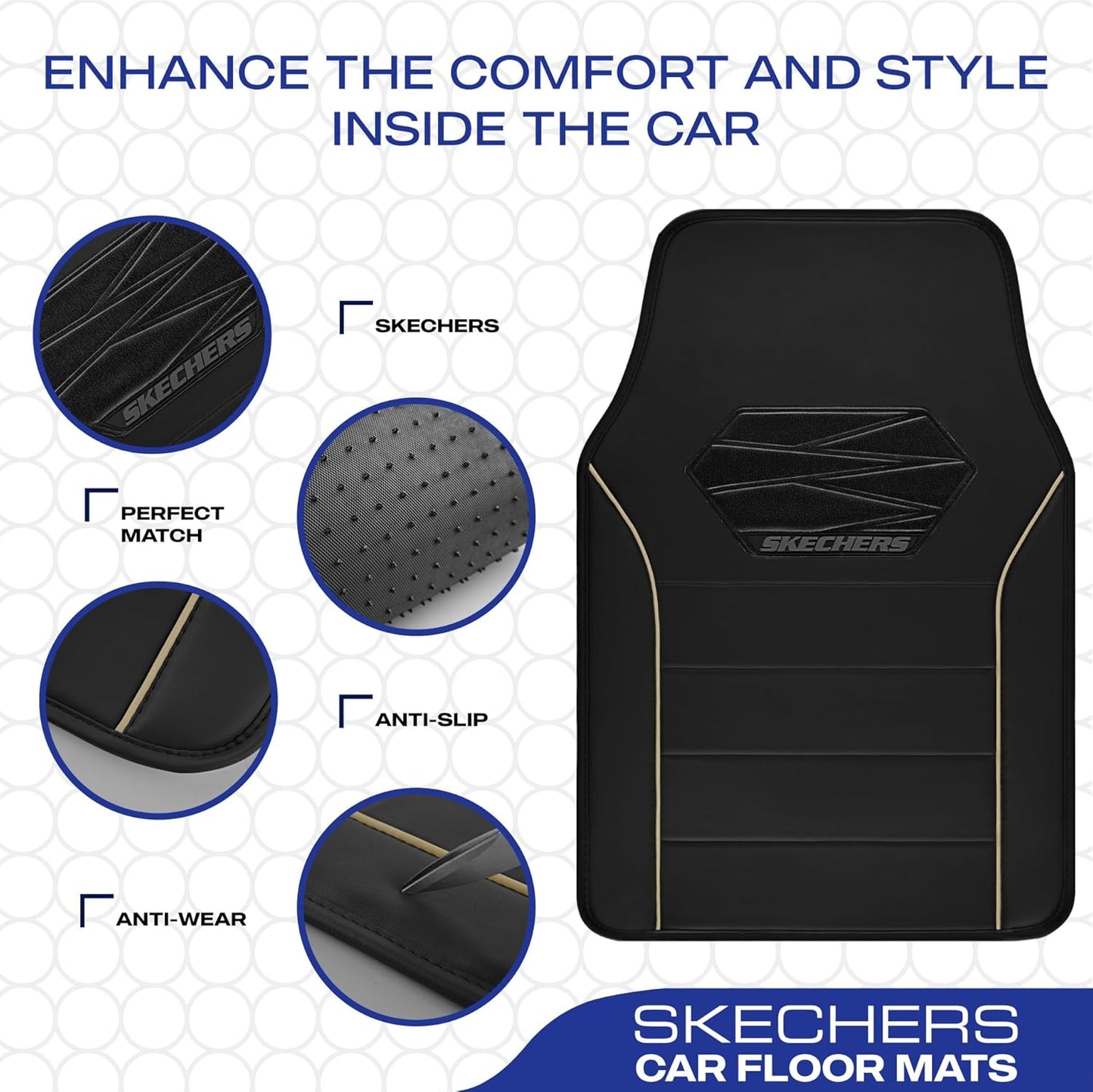 Skechers Memory Foam Car Mats, Leather Piping with Anti-Slip Pad, Universal Waterproof Fit Automotive Floor Mats for SUV, Vans, Sedans, Trucks, Full Set 4pcs Beige