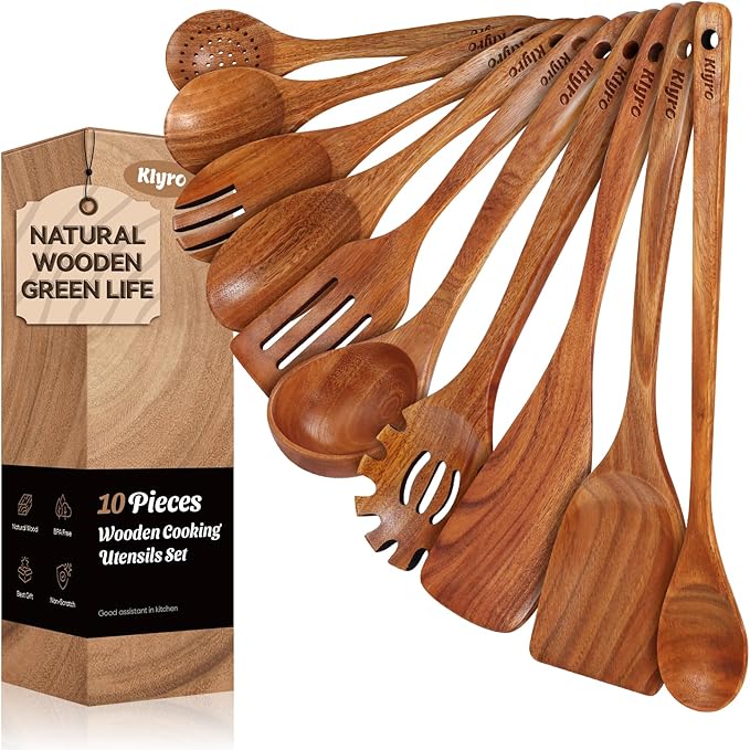 Teak Wooden Cooking Utensils Set, 10 Piece Premium Kitchen Cookware, Non-Scratch Wooden Spoons for Cooking, Perfect for Cooking and Serving