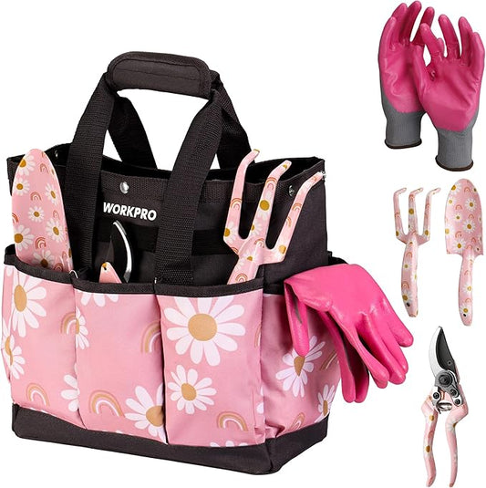 WORKPRO 5PCS Gardening Tools, Aluminum Heavy Duty Garden Tool Set with Bag, Ideal Gardening Gifts for Women-Pink Ribbon