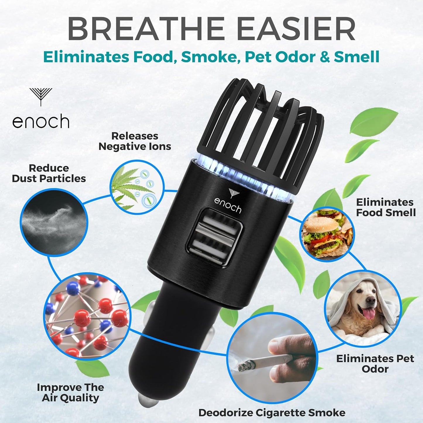 Enoch Car Air Purifier Premium Air Ionizer - 12V Plug-In Ionic Ozone Deodorizer Accessory with Dual USB Car Charger - Eliminates Cigarette Smoke, Pet and Food Odors, Dust (Black)