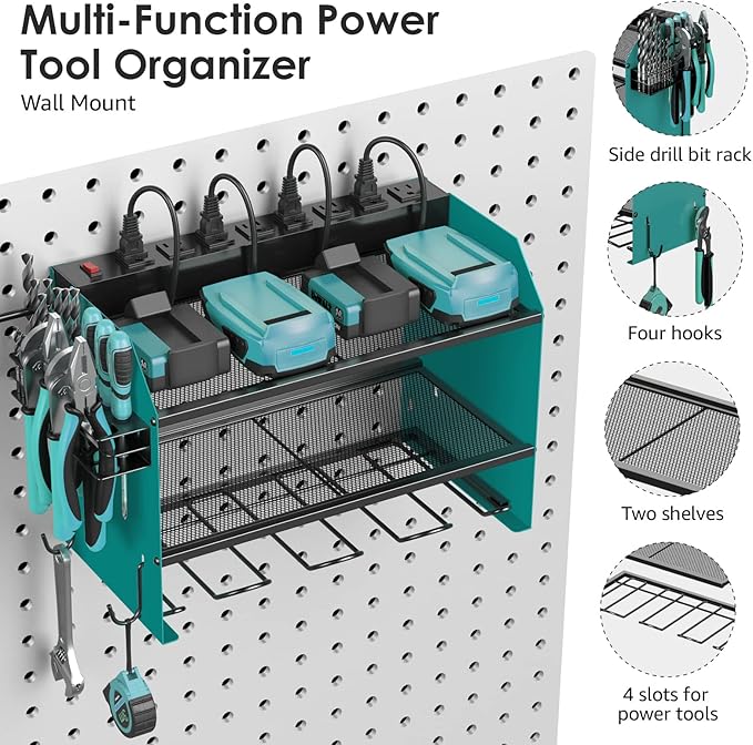 CCCEI Modular Power Tool Organizer Wall Mount with Charging Station. Garage Drill Storage Shelf with Hooks, Heavy Duty Rack, Tool Battery Holder Built in 8 Outlet. Gift for Men. Navy Blue, 1 Pack.