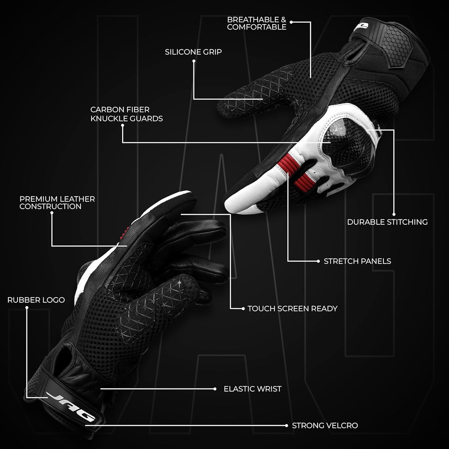 J.A.G. Leather Motorcycle Gloves for Men - Carbon Fiber Knuckle Protection, Motorbike Powersports, Dirt Bike, Touchscreen Gloves for Men and Women, Guantes para Moto.