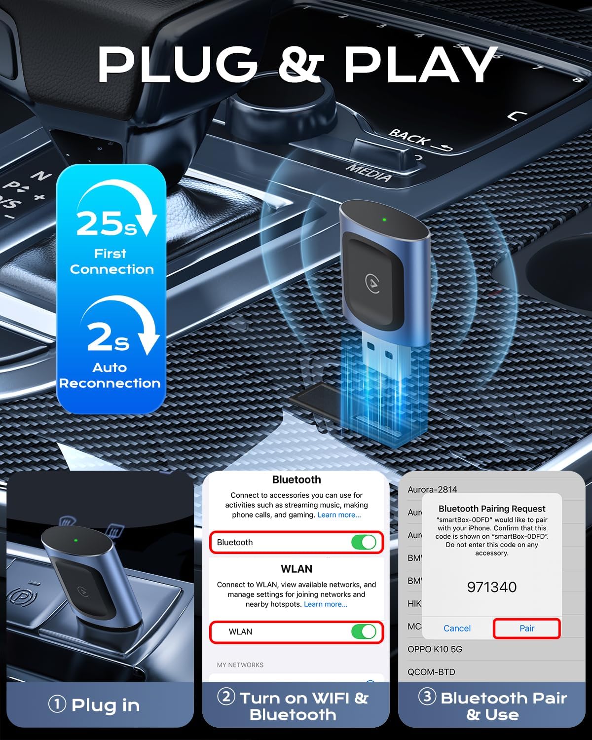 AuroraLink Wireless Carplay & Android Auto Adapter 2-in-1 Stable & No Delay Carplay Wireless Adapter Convert Wired to Wireless Car Play Dongle for iOS 10+/Android 11+ (Blue)
