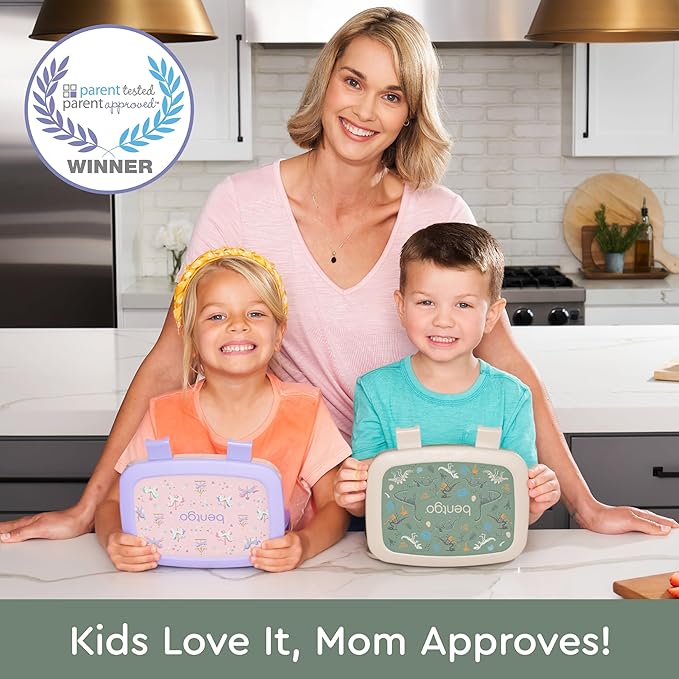 Bentgo Kids Prints Leak-Proof, 5-Compartment Bento-Style Kids Lunch Box - Ideal Portion Sizes for Ages 3-7, Durable, Drop-Proof, Dishwasher Safe, & PFAS & BPA-Free Materials (Dino Fossils)
