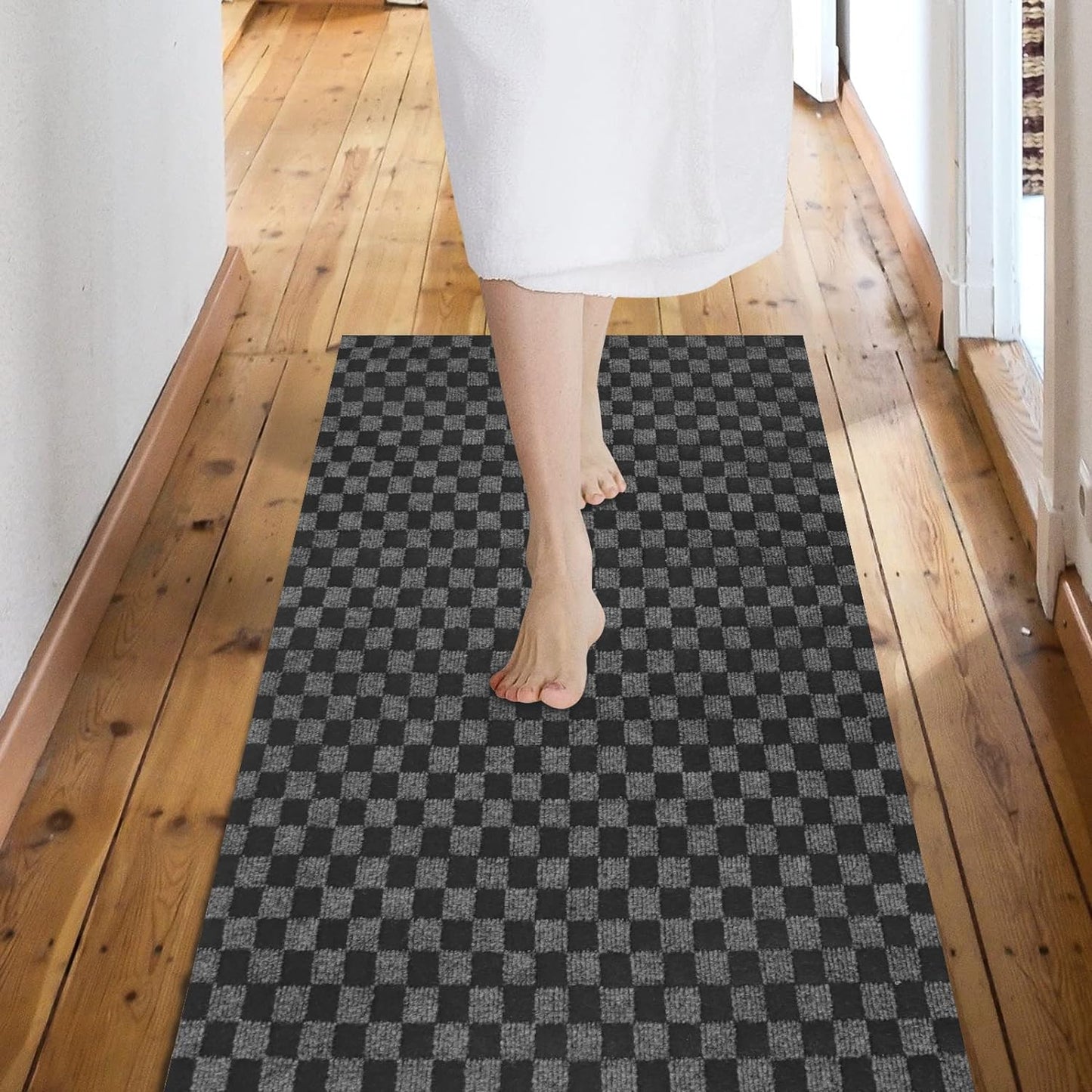 Custom Size Backed Non-Slip Area Rugs Runner, Easy Clean, Waterproof Runner Rugs for Hallway Entryway, Kitchen, Laundry, 2FT x 82FT, Gray Checkered
