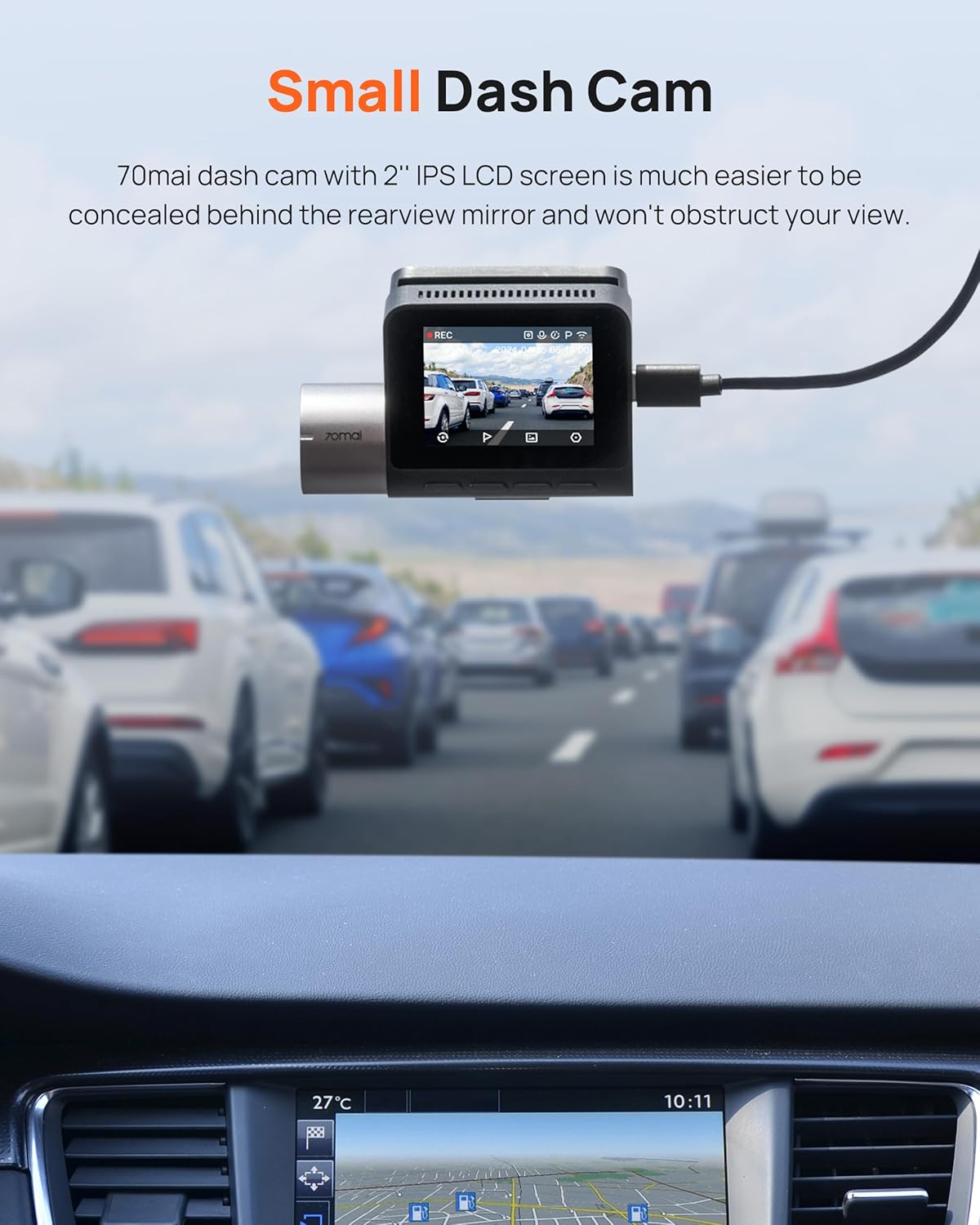 70mai 2.7K Dash Cam Front and Rear A500S, Dual Dash Camera for Cars, Dashcam with APP, Sony IMX335, ADAS, Built-in WiFi GPS, 2'' IPS Screen, WDR, Night Vision, 24/7 Parking Mode, Loop Recording