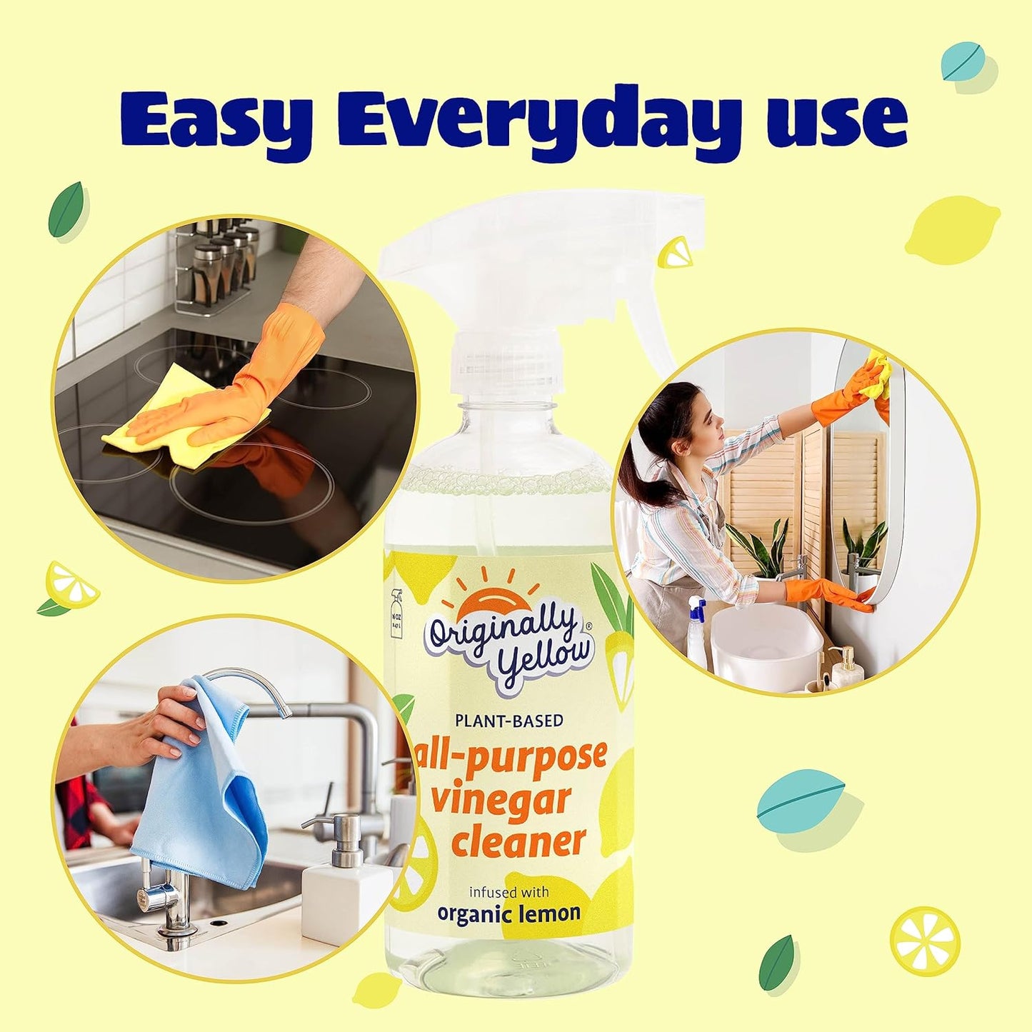 Originally Yellow Lemon Vinegar All Purpose Cleaning Spray | Distilled Cleaning Vinegar For Every Room In the House | Plant-Derived All Purpose Cleaner | Living Room, Bathroom, & Kitchen | 3 Pack