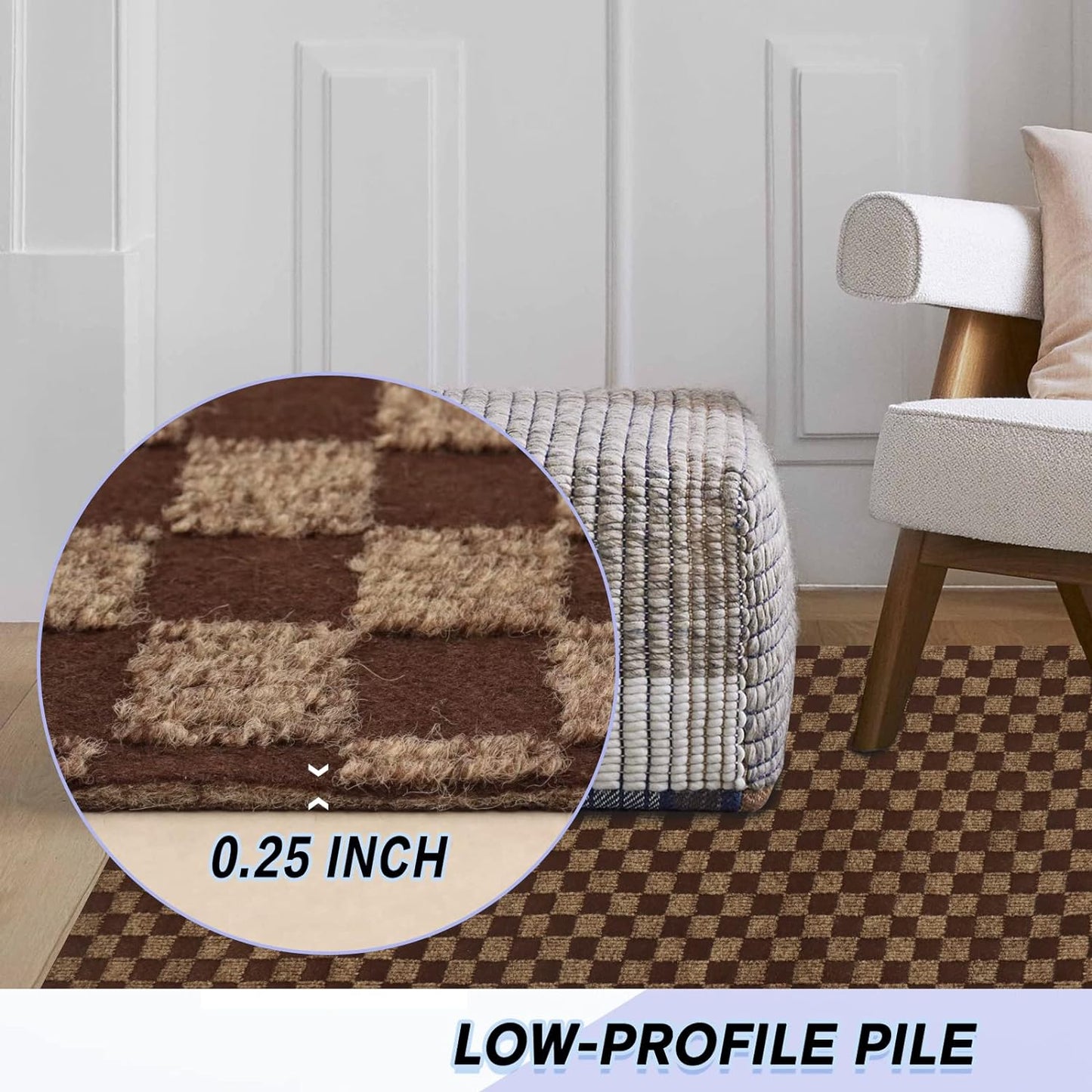 Custom Size Backed Non-Slip Area Rugs Runner, Easy Clean, Waterproof Runner Rugs for Hallway Entryway, Kitchen, Laundry, 4FT x 41FT, Brown Checkered