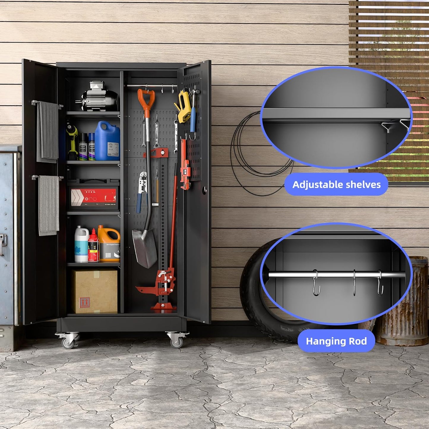 Garage Storage Cabinet with Wheels, 61.7" H Broom Closet Storage Cabinet with Hanging Rod, 5 Pegboard and 13 Hooks, Metal Cabinets with Locking Doors and 4 Shelves, Black